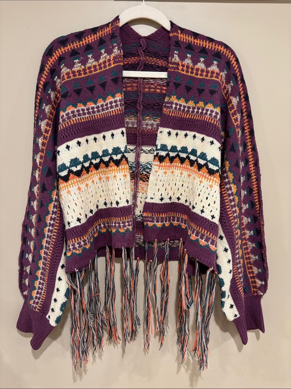 OS boho western fringe sweater cardigan